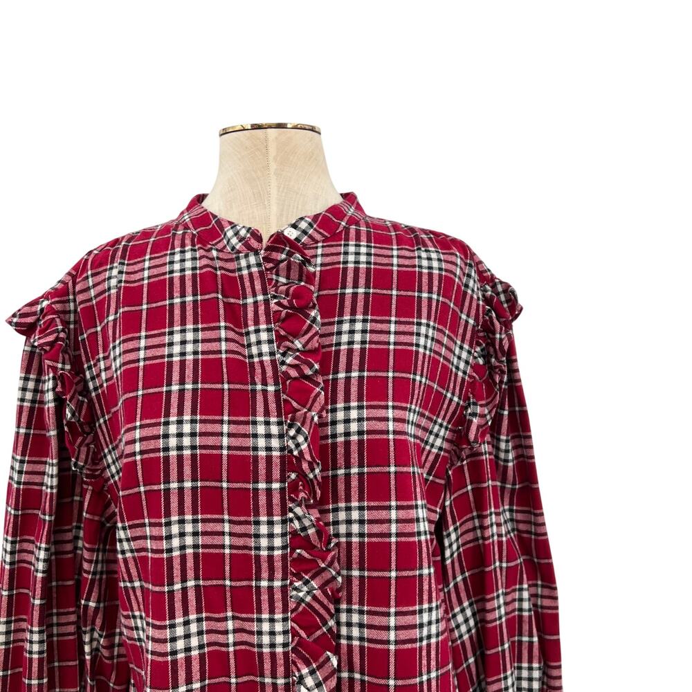Something Navy Flannel Plaid Ruffle Shirt Red Combo XXL 100% Cotton Button Up - Picture 3 of 15